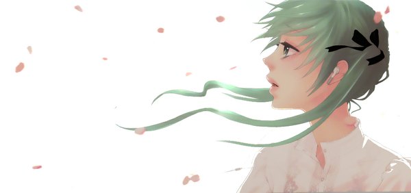 Anime picture 1039x489 with vocaloid hatsune miku yunomi (yunomi imonuy) single long hair open mouth simple background wide image white background twintails green eyes looking away profile green hair wind girl ribbon (ribbons) hair ribbon petals headphones