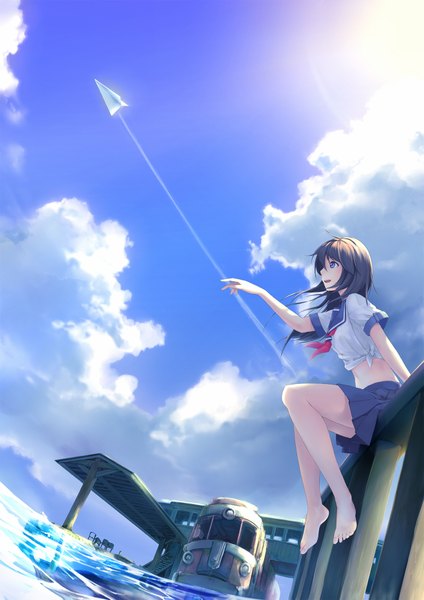 Anime picture 1318x1865 with original akama zenta long hair tall image blue eyes black hair sitting sky cloud (clouds) barefoot legs girl serafuku train