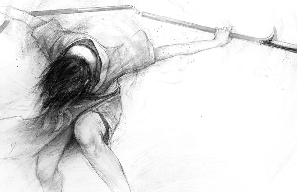 Anime picture 1200x776 with blade of the immortal makie otono-tachibana samura hiroaki tobiee single short hair black hair simple background white background monochrome drawing girl weapon