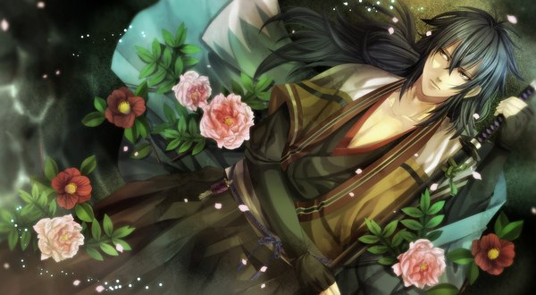 Anime picture 1958x1080 with hakuouki shinsengumi kitan studio deen ryunosuke ikenami sakuyu single long hair highres black hair wide image japanese clothes boy flower (flowers) weapon sword water katana