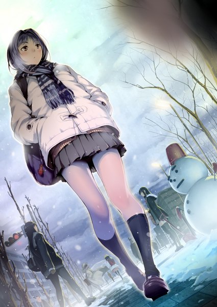 Anime picture 1000x1410 with original twinpoo long hair tall image blush black hair multiple girls brown eyes grey hair from below dutch angle city snowing winter snow walking hands in pockets bare tree girl skirt
