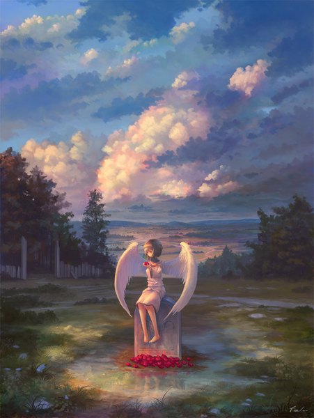 Anime picture 751x999 with original feel (nasitaki) single tall image short hair black hair red eyes sitting holding signed sky cloud (clouds) full body barefoot landscape angel wings girl dress plant (plants) wings