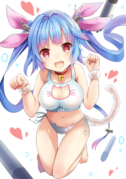 Anime picture 800x1129 with kantai collection i-19 submarine u rin single long hair tall image looking at viewer breasts open mouth light erotic red eyes large breasts twintails blue hair full body tail :d animal tail cat tail fang (fangs)