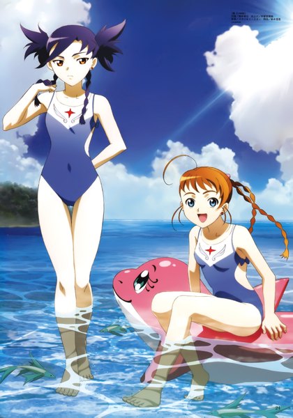 Anime picture 4877x6969 with mai hime mai-otome sunrise (studio) megami magazine arika yumemiya nina wong tall image highres multiple girls blue hair absurdres cloud (clouds) ahoge braid (braids) orange hair official art girl 2 girls swimsuit inflatable toy