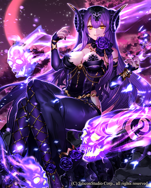 Anime picture 800x1000 with gyakushuu no fantasica katagiri hachigou single tall image looking at viewer blush breasts light erotic yellow eyes purple hair very long hair horn (horns) crossed legs girl dress flower (flowers) detached sleeves skull