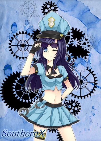 Anime picture 1000x1400 with league of legends caitlyn (league of legends) officer caitlyn touerubu (artist) single long hair tall image blue eyes smile blue hair one eye closed light smile wink midriff legs sunglasses removed girl skirt gloves navel