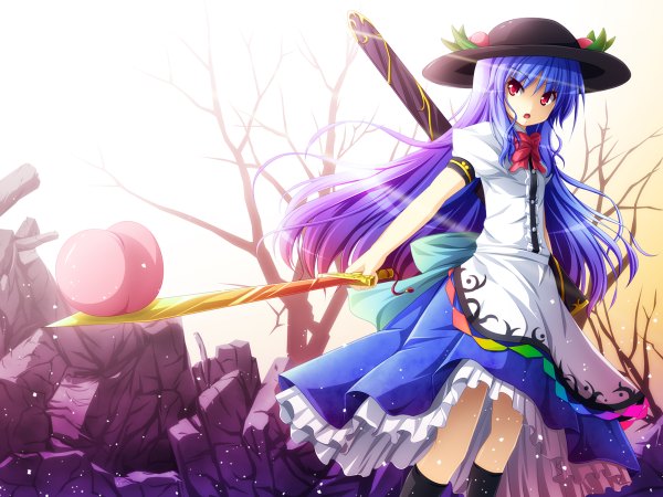 Anime picture 1200x900 with touhou hinanawi tenshi akashio (loli ace) long hair red eyes blue hair girl dress hat sword