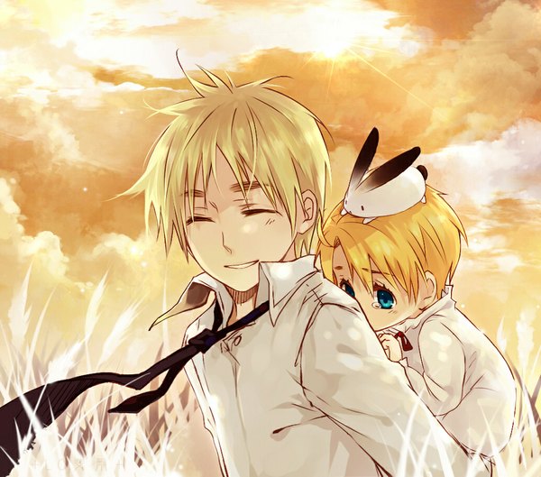 Anime picture 1032x911 with axis powers hetalia studio deen united kingdom (hetalia) america (hetalia) lc hi ji (saiyki) short hair blue eyes blonde hair sky eyes closed wind sunlight tears happy alternate age younger animal on head boy plant (plants) animal