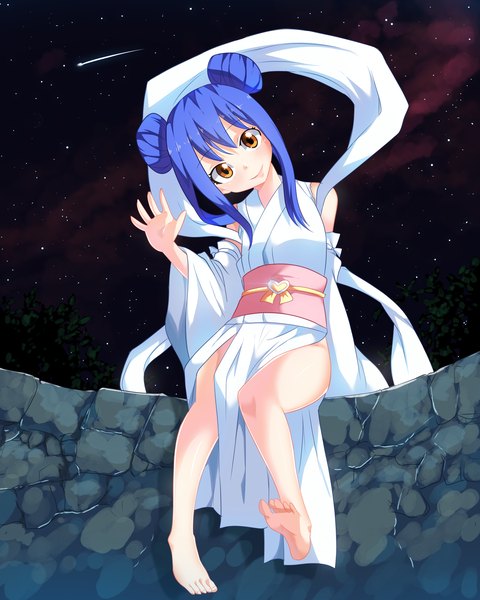 Anime picture 4000x5000 with fairy tail wendy marvell tongasart single long hair tall image highres smile yellow eyes blue hair absurdres traditional clothes japanese clothes night hair bun (hair buns) loli night sky legs coloring shooting star