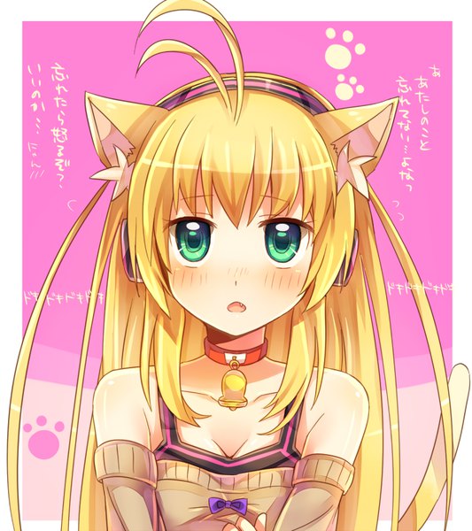 Anime picture 711x800 with vocaloid tsukuyomi ai moe on drop single long hair tall image looking at viewer blush open mouth bare shoulders green eyes animal ears cleavage upper body ahoge tail animal tail cat ears cat tail fang (fangs)