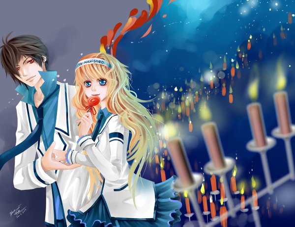 Anime picture 1200x927 with original cindiq long hair fringe short hair blue eyes blonde hair smile red eyes brown hair signed wind hair over one eye holding hands open collar girl boy uniform school uniform hairband