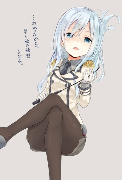 Anime picture 1000x1468 with kantai collection hibiki destroyer katori (kantai collection) azuuru single long hair tall image looking at viewer fringe open mouth blue eyes simple background white background sitting aqua hair grey background crossed legs cosplay katori (kantai collection) (cosplay) girl