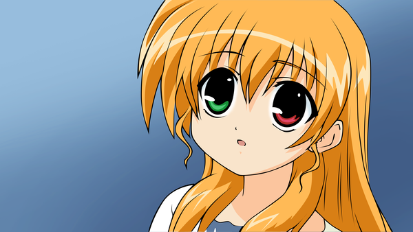 Anime picture 3000x1691 with mahou shoujo lyrical nanoha strikers takamachi vivio single long hair highres open mouth simple background blonde hair wide image looking away heterochromia girl