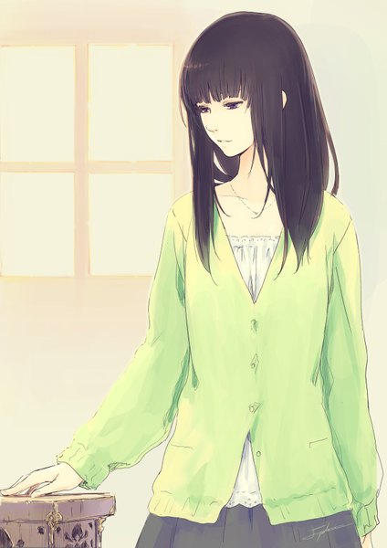 Anime picture 1240x1754 with original yuranpo single long hair tall image fringe black hair signed looking away black eyes girl window pendant sweater
