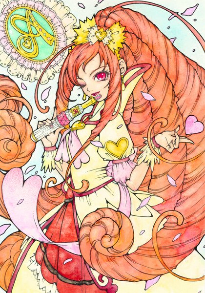 Anime picture 693x989 with precure dokidoki! precure toei animation madoka aguri cure ace sayococco single tall image looking at viewer ahoge ponytail very long hair one eye closed pink eyes wink orange hair lipstick drill hair red lipstick magical girl
