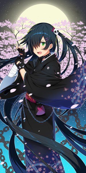 Anime picture 750x1500 with original setsuo (chohonsoku) single tall image looking at viewer fringe open mouth black hair green eyes very long hair traditional clothes japanese clothes hair over one eye girl gloves petals kimono fingerless gloves moon chain