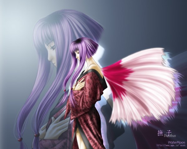 Anime picture 1280x1024 with single long hair simple background red eyes purple hair japanese clothes profile zoom layer girl wings kimono water moon