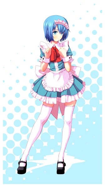 Anime picture 672x1200 with mahou shoujo madoka magica shaft (studio) miki sayaka tsukumo single tall image looking at viewer blush short hair blue eyes blue hair maid girl thighhighs dress white thighhighs headdress maid headdress