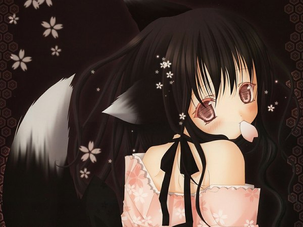 Anime picture 1024x768 with hinayuki usa single looking at viewer blush fringe black hair bare shoulders holding animal ears tail animal tail pink eyes looking back mouth hold back wavy hair soft beauty girl flower (flowers) bow