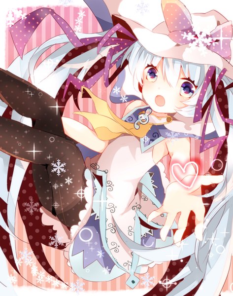 Anime picture 789x1000 with vocaloid suki! yuki! maji magic (vocaloid) hatsune miku yuki miku yuki miku (2014) kumahara (artist) single long hair tall image open mouth blue eyes twintails blue hair treble clef girl skirt ribbon (ribbons) hair ribbon hat heart