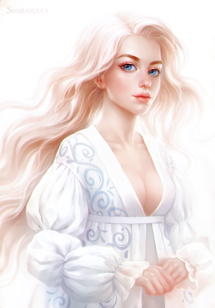 Anime picture 1637x2338 with original elena berezina single long hair tall image looking at viewer breasts blue eyes simple background blonde hair white background signed cleavage long sleeves light smile lips realistic no bra lipstick wavy hair