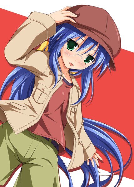 Anime picture 858x1200 with lucky star kyoto animation izumi konata tsuda akira single long hair tall image looking at viewer blush green eyes blue hair :p girl glasses jacket tongue flat cap