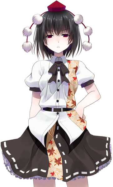 Anime picture 805x1330 with touhou shameimaru aya crote single tall image looking at viewer short hair black hair red eyes hand on hip transparent background girl dress hat mini hat pom pom (clothes) mini top hat