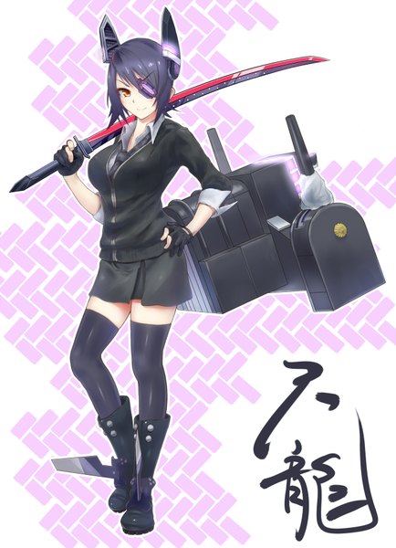 Anime picture 1300x1797 with kantai collection tenryuu light cruiser genso single tall image short hair black hair brown eyes full body open collar girl thighhighs skirt hair ornament weapon black thighhighs sword boots katana eyepatch