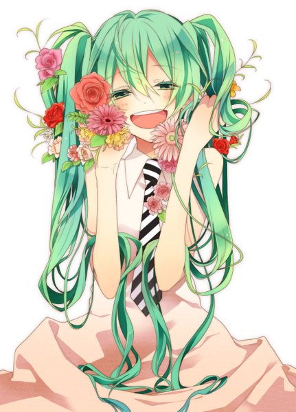 Anime picture 1065x1482 with vocaloid hatsune miku naoto (tulip) single long hair tall image open mouth simple background white background twintails aqua eyes green hair girl flower (flowers) necktie