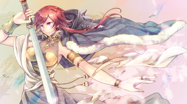 Anime picture 2000x1119 with utau toudou charo single long hair highres wide image purple eyes looking away red hair girl dress weapon sword bracelet cape
