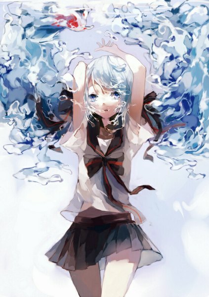 Anime picture 565x800 with vocaloid hatsune miku bottle miku yexie single long hair tall image looking at viewer fringe blue eyes simple background white background pleated skirt aqua hair bare belly liquid hair girl skirt uniform ribbon (ribbons)