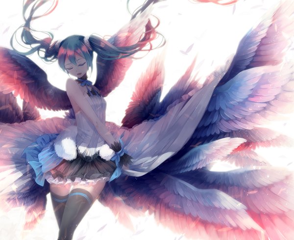 Anime picture 1200x978 with 7th dragon 2020 vocaloid hatsune miku lyodi (artist) single long hair fringe open mouth simple background standing white background twintails bare shoulders blue hair eyes closed pleated skirt wind crossed legs multiple wings girl