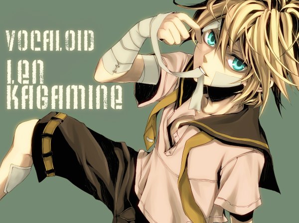 Anime picture 1223x917 with vocaloid kagamine len single looking at viewer fringe short hair blue eyes simple background blonde hair sitting holding parted lips arm up inscription teeth open shirt copyright name character names mouth hold serious