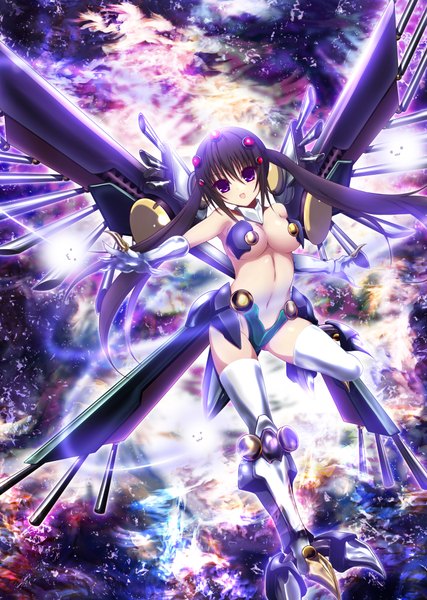 Anime picture 1412x1984 with gochuumon wa usagi desu ka? white fox tedeza rize akina t single long hair tall image looking at viewer breasts open mouth light erotic black hair smile twintails purple eyes :d mecha musume girl navel