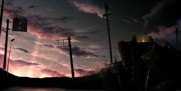 Anime picture 2362x1192 with original tokuninashi (uorat) highres wide image sitting sky cloud (clouds) sunlight night night sky city smoke horizon cityscape ruins destruction morning sunrise post-apocalyptic power lines