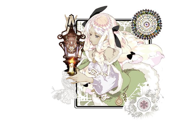 Anime picture 1366x1020 with haitaka no psychedelica tee (haitaka no psychedelica) yuiga satoru single long hair fringe simple background blonde hair white background holding braid (braids) fur trim dark skin girl bow hair bow fur candle (candles)