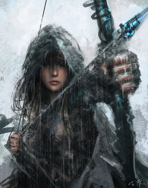 Anime picture 1000x1270 with original wlop single long hair tall image brown hair signed looking away realistic rain warrior archery girl gloves weapon fingerless gloves hood cloak