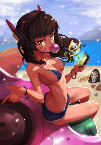 Anime picture 900x1287 with overwatch blizzard entertainment d.va (overwatch) meka (overwatch) reaper (overwatch) goomrrat single long hair tall image looking at viewer breasts light erotic smile brown hair sitting holding brown eyes sky cleavage cloud (clouds)