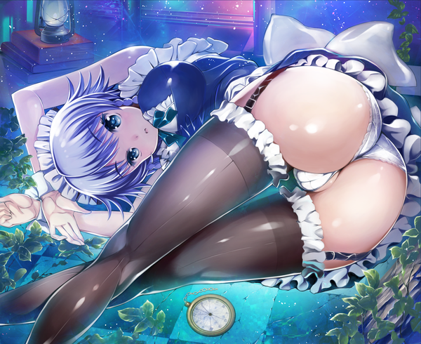 Anime picture 1320x1080 with touhou izayoi sakuya hekiten single looking at viewer blush short hair open mouth light erotic purple hair ass braid (braids) maid shiny skin crossed legs on side cameltoe checkered floor checkered shiny