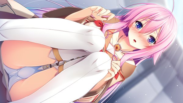 Anime picture 1280x720 with aristear remain astronauts comet ruru (aristear remain) ruru (aristear rimain) rozea (graphmelt) kokusan moyashi single long hair looking at viewer blush open mouth light erotic wide image purple eyes payot pink hair game cg ahoge bent knee (knees) ass