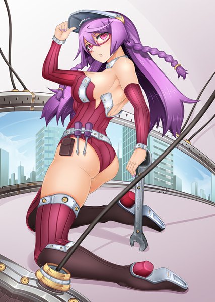Anime picture 839x1179 with original oni-noboru single long hair tall image looking at viewer blush breasts light erotic purple hair pink eyes kneeling girl glasses wrench