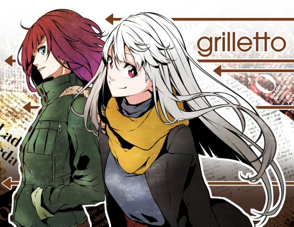 Anime picture 1200x931 with original vice (kuronekohadokoheiku) long hair looking at viewer fringe smile red eyes multiple girls green eyes red hair profile grey hair hands in pockets casual girl 2 girls earrings jacket scarf coat