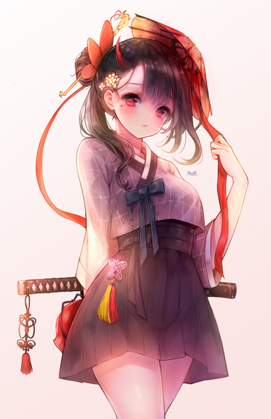 Anime picture 1127x1743 with original shale single long hair tall image looking at viewer blush fringe short hair black hair simple background red eyes holding signed traditional clothes horn (horns) mole mole under eye gradient background watermark