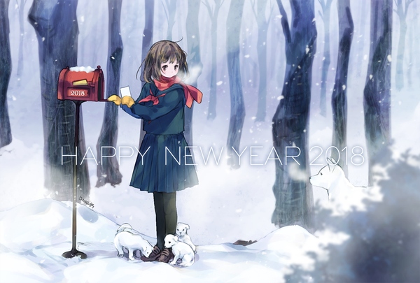 Anime picture 1000x675 with original emodelas single short hair brown hair brown eyes looking away snowing winter snow exhalation new year happy new year 2018 girl uniform plant (plants) animal pantyhose tree (trees)