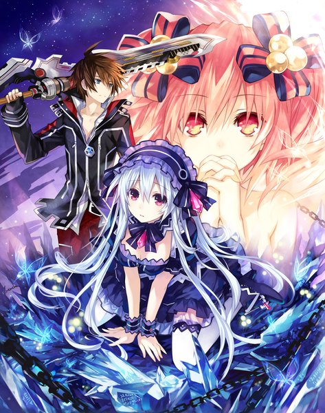 Anime picture 1280x1624 with fairy fencer f tiara (fairy fencer f) eryn (fairy fencer f) fang (fairy fencer f) tsunako long hair tall image looking at viewer short hair blue eyes brown hair twintails bare shoulders multiple girls looking away pink hair sky cloud (clouds) white hair pink eyes