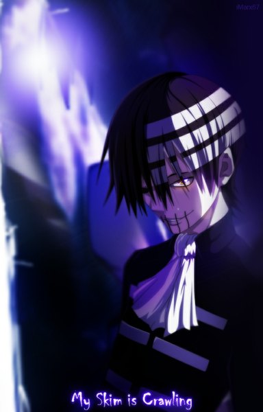 Anime picture 641x1000 with soul eater studio bones death the kid eroishi single tall image black hair smile yellow eyes white hair multicolored hair two-tone hair streaked hair coloring light scar boy