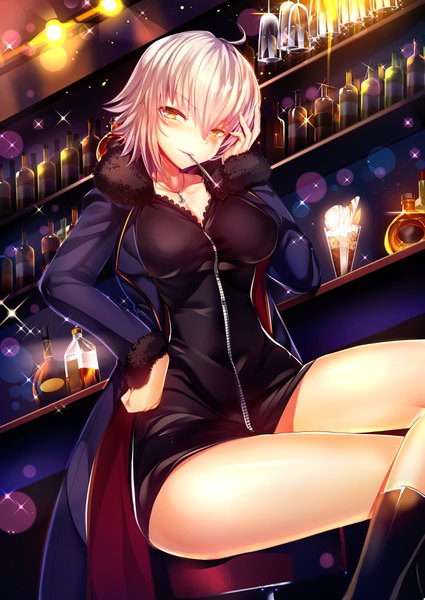 Anime picture 2478x3500 with fate (series) fate/grand order jeanne d'arc (fate) (all) jeanne d'arc alter (fate) silly (marinkomoe) single tall image looking at viewer blush fringe highres short hair breasts light erotic hair between eyes large breasts sitting holding yellow eyes cleavage