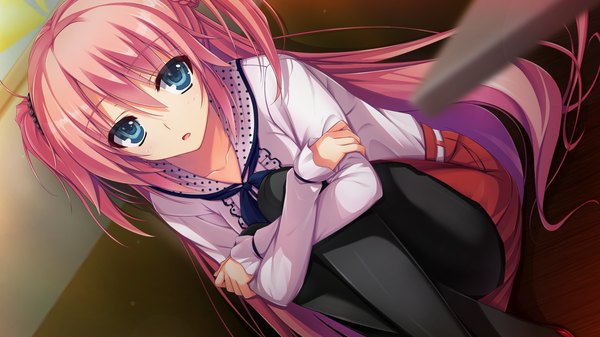 Anime picture 2560x1440 with reminiscence re hasegawa ren tomose shunsaku long hair looking at viewer highres open mouth blue eyes wide image sitting pink hair game cg two side up girl dress pantyhose