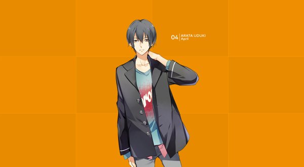 Anime picture 1282x706 with tsukiuta uduki arata tagme (artist) single looking at viewer short hair black hair simple background wide image grey hair official art character names arm behind head orange background boy blazer jeans