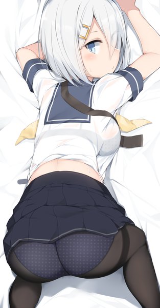 Anime picture 621x1190 with kantai collection hamakaze destroyer cole single tall image blush fringe short hair blue eyes light erotic silver hair ass profile hair over one eye expressionless girl uniform underwear panties pantyhose